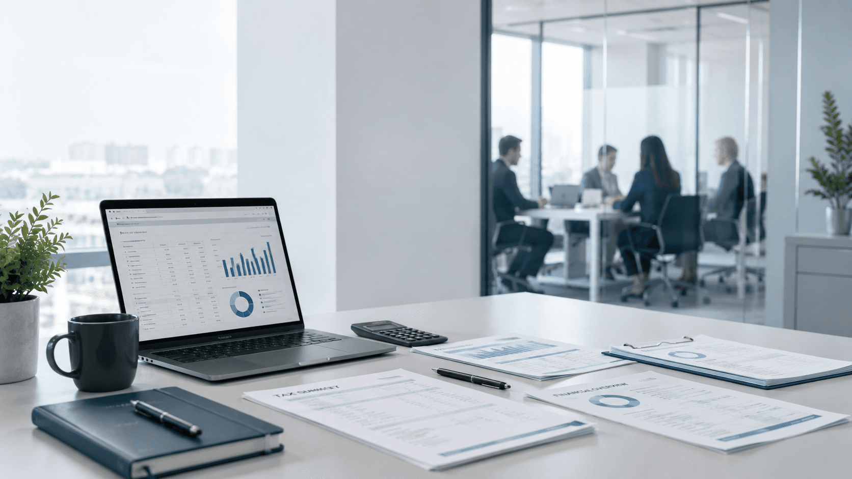 Mesa de trabajo con documentacion fiscal y contable, portatil y reunion profesional al fondo en un despacho.